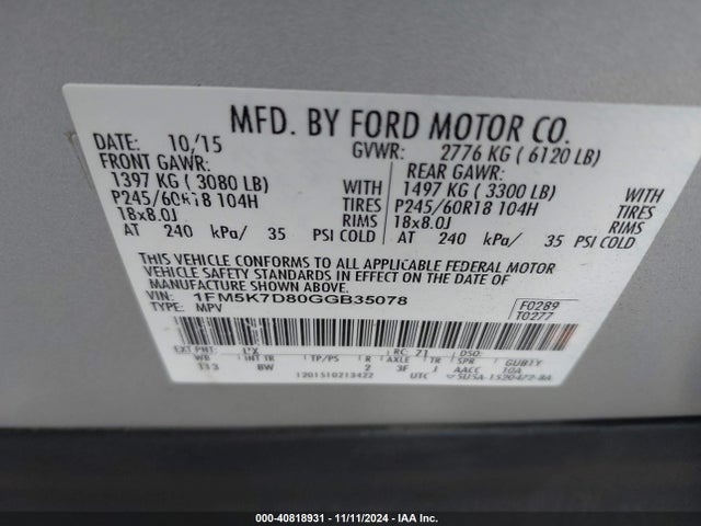 Ford EXPLORER XLT 2016 1FM5K7D80GGB35078 Image 9