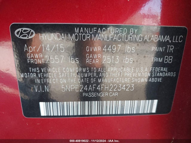 Hyundai SONATA SE 2015 5NPE24AF4FH223423 Image 9