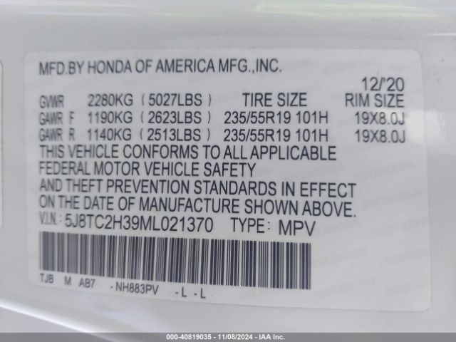 5J8TC2H39ML021370 Acura Rdx Standard