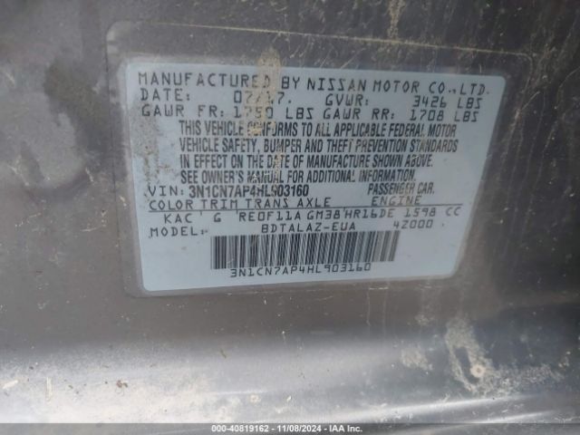 3N1CN7AP4HL903160 Nissan Versa 1.6 S+