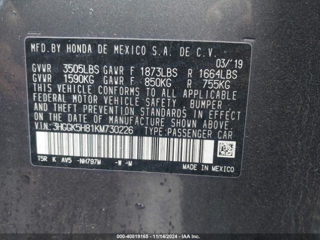 3HGGK5H81KM730226 Honda FIT EX