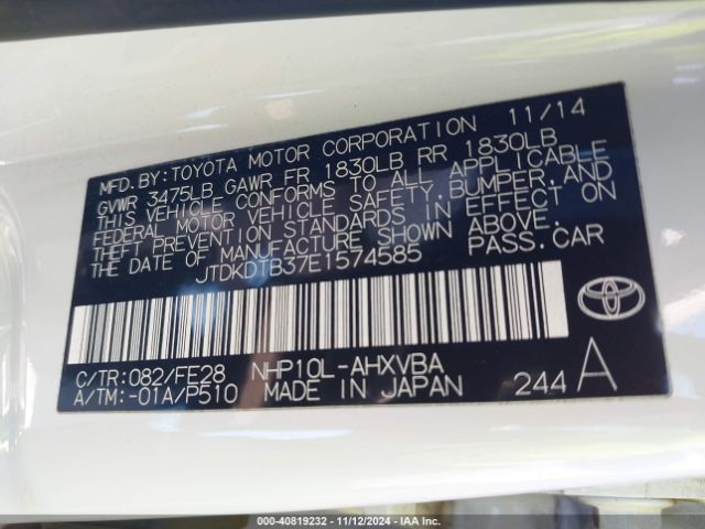 JTDKDTB37E1574585 Toyota Prius C One