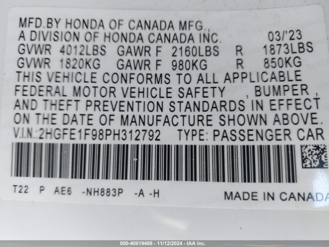 2HGFE1F98PH312792 Honda Civic Touring