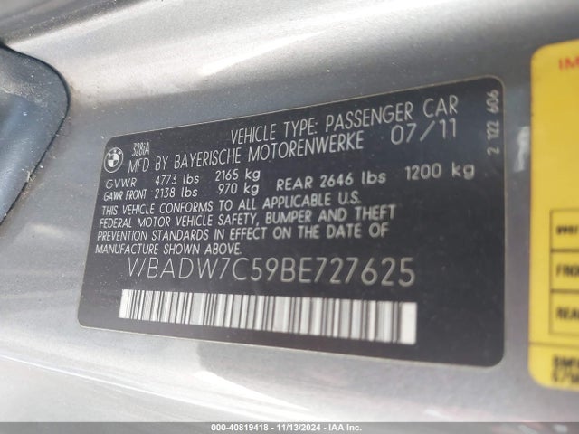 40819418 :رقم المزاد ، WBADW7C59BE727625 vin ، 2011 Bmw 328i مزاد بيع