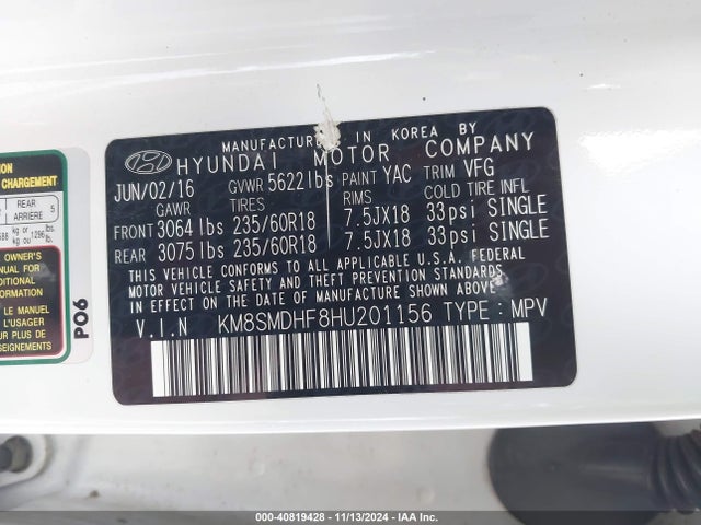KM8SMDHF8HU201156 Hyundai Santa Fe Se