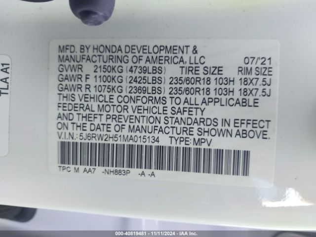 5J6RW2H51MA015134 Honda Cr-v Awd Ex