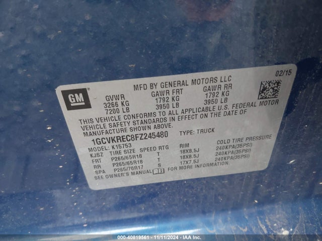 Chevrolet Silverado 1500 2lt 2015 1GCVKREC8FZ245480 Image 9