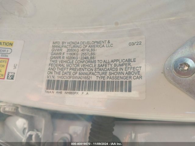 1HGCV3F5XNA016521 Honda Accord Hybrid Ex-l