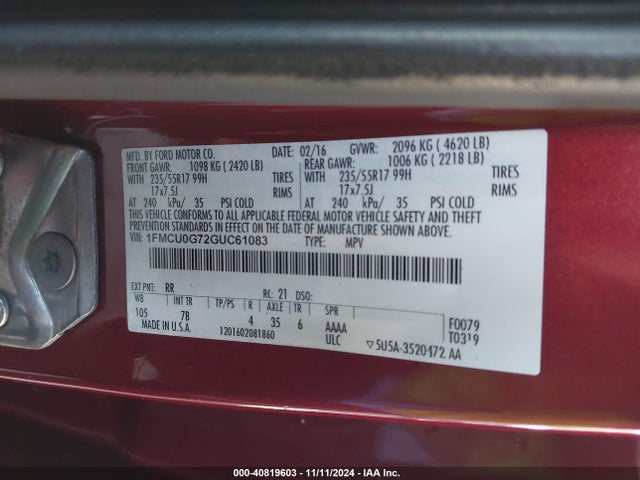 Ford ESCAPE SE 2016 1FMCU0G72GUC61083 Image 9