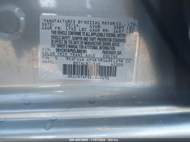 Nissan Versa 1.6 Sv 2014 3N1CN7AP5EL865191 Image 9