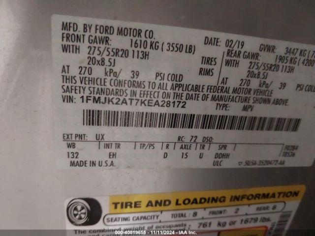 1FMJK2AT7KEA28172 Ford Expedition Max Limited