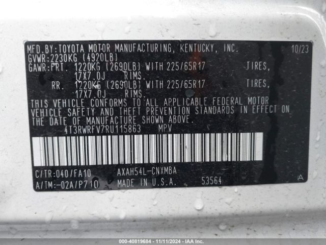 4T3RWRFV7RU115863 Toyota Rav4 Hybrid Xle