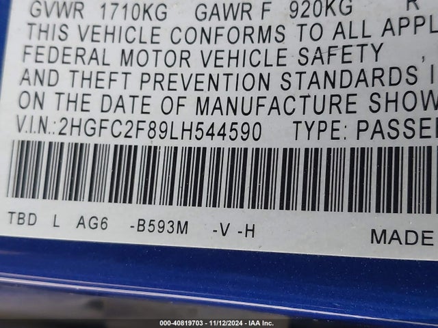 Honda Civic Sport 2020 2HGFC2F89LH544590 Image 9