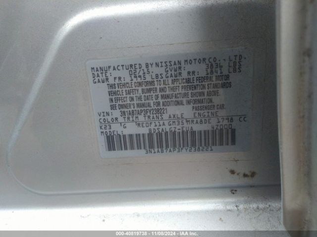 3N1AB7AP3FY238221 Nissan SENTRA SL