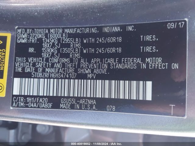 5TDBZRFH6HS474107 Toyota Highlander Le Plus