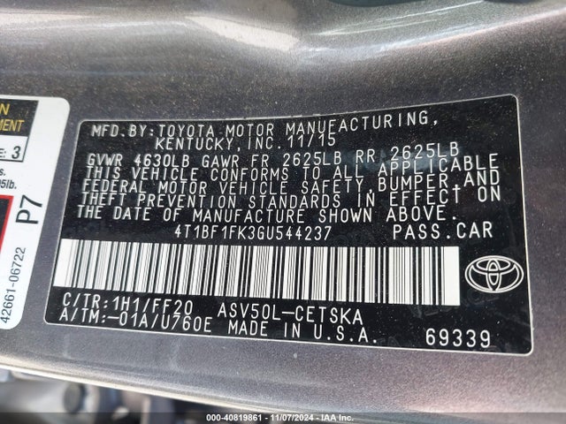 Toyota CAMRY SE 2016 4T1BF1FK3GU544237 Image 9