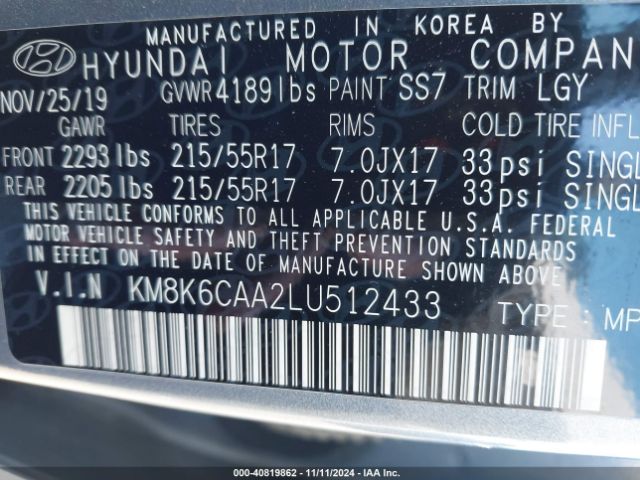 KM8K6CAA2LU512433 Hyundai Kona Sel Plus