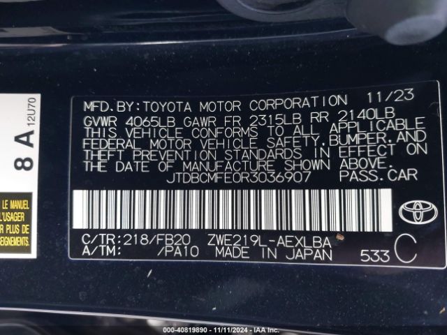 JTDBCMFE0R3036907 Toyota Corolla Hybrid Le
