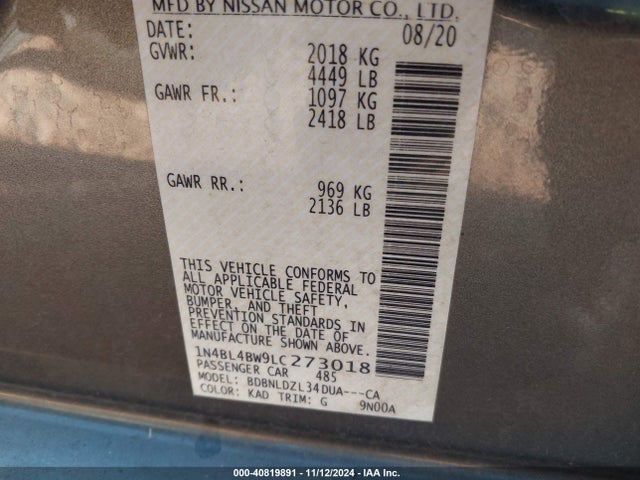 1N4BL4BW9LC273018 Nissan Altima S Intelligent Awd