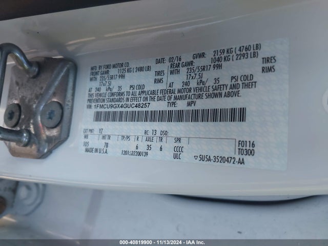 Ford ESCAPE SE 2016 1FMCU9GX4GUC48257 Image 9