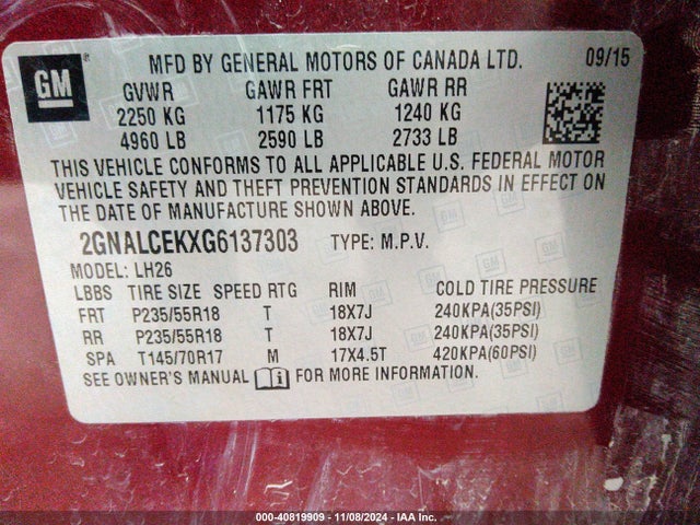 Chevrolet EQUINOX LT 2016 2GNALCEKXG6137303 Image 9