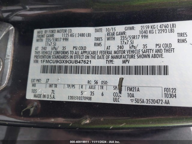 Ford ESCAPE SE 2016 1FMCU9GX9GUB47621 Image 9