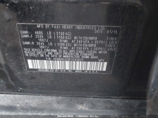 Subaru Outback 2.5i Limited 2015 4S4BSAJCXF3293622 Image 9