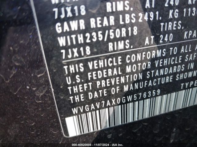 WVGAV7AX0GW576359 Volkswagen TIGUAN SE