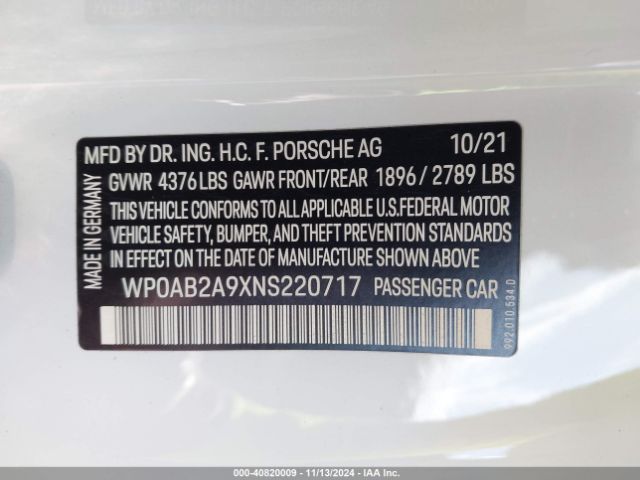 WP0AB2A9XNS220717 Porsche 911 Carrera 4 Gts/carrera 4s/carrera Gts/carrera S