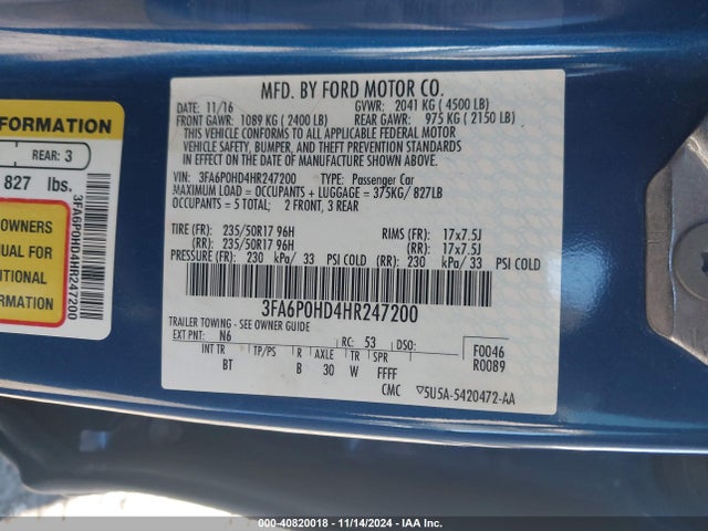 Ford FUSION SE 2017 3FA6P0HD4HR247200 Image 9
