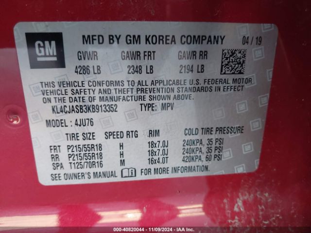 KL4CJASB3KB913352 Buick Encore Fwd Preferred