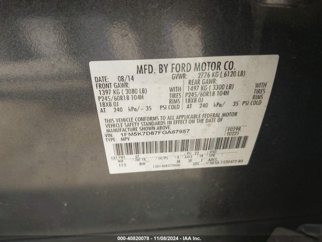 Ford EXPLORER XLT 2015 1FM5K7D87FGA67957 Image 9