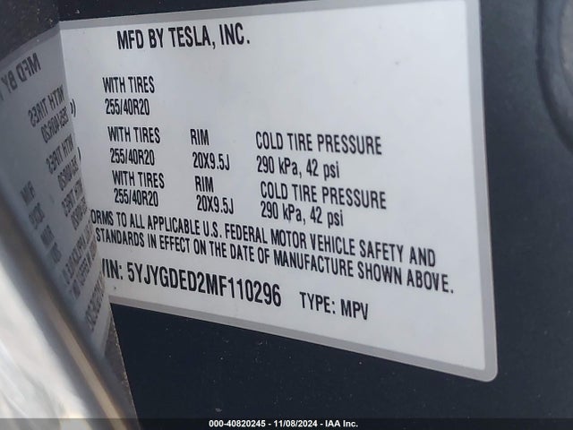 2021 TESLA MODEL Y 5YJYGDED2MF110296 Photo 8