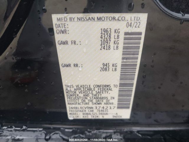 1N4BL4CV9NN374217 Nissan Altima Sr Fwd