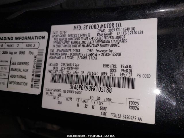 3FA6P0K98FR105188 Ford Fusion Titanium