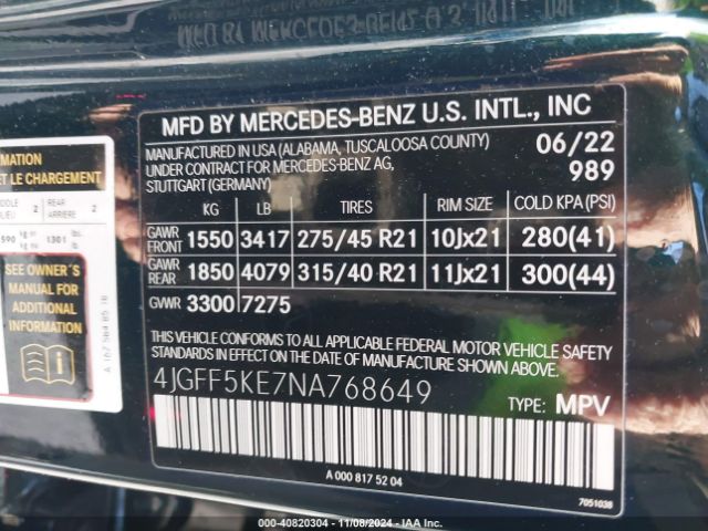 4JGFF5KE7NA768649 Mercedes-Benz Gls 450 4matic