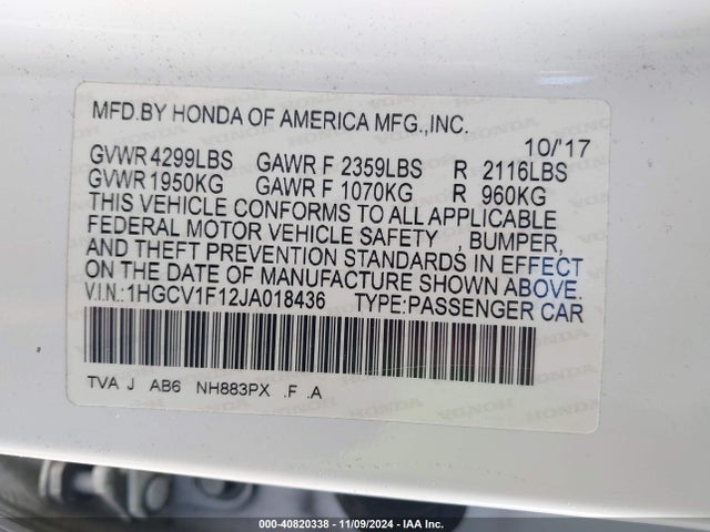 Honda ACCORD LX 2018 1HGCV1F12JA018436 Image 9