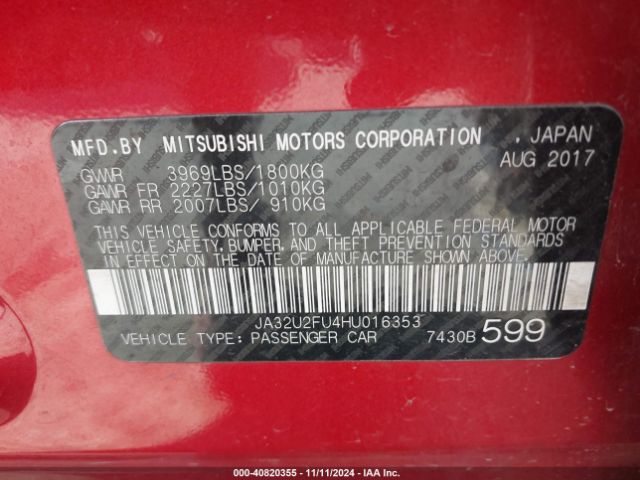 JA32U2FU4HU016353 Mitsubishi Lancer Le