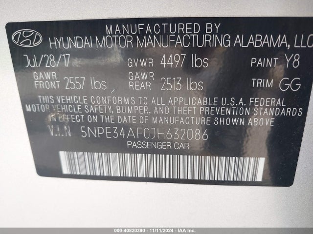 5NPE34AF0JH632086 Hyundai SONATA SEL