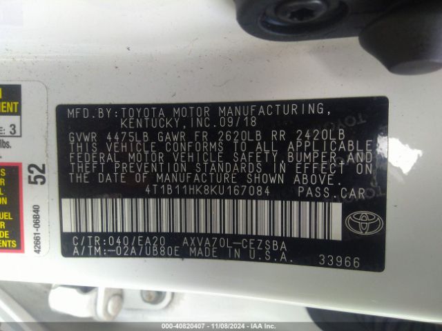 4T1B11HK8KU167084 Toyota CAMRY SE