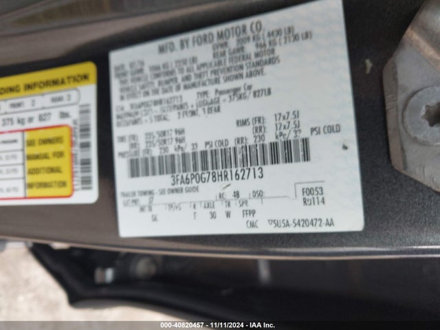 3FA6P0G78HR162713 Ford FUSION S