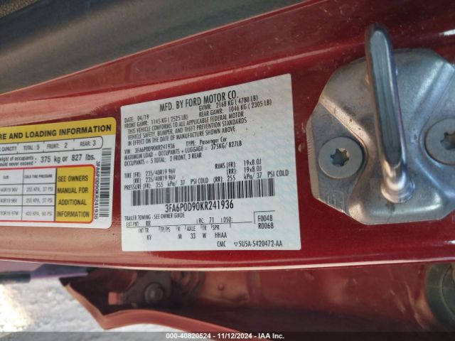 3FA6P0D90KR241936 Ford Fusion Titanium