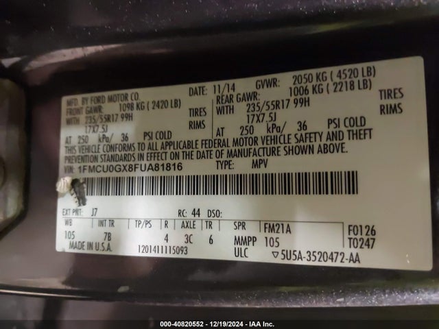2015 Ford Escape Se მანქანა იყიდება აუქციონზე, vin: 1FMCU0GX8FUA81816, აუქციონის ნომერი: 40820552