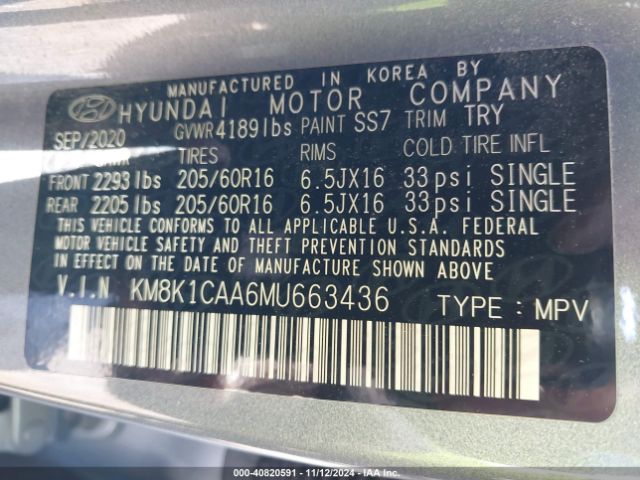 KM8K1CAA6MU663436 Hyundai Kona Se