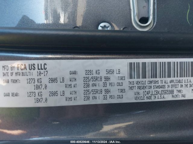1C4PJLCBXJD565988 Jeep Cherokee Latitude Fwd