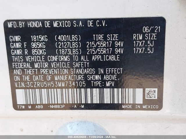 3CZRU5H53MM734105 Honda Hr-v 2wd Ex