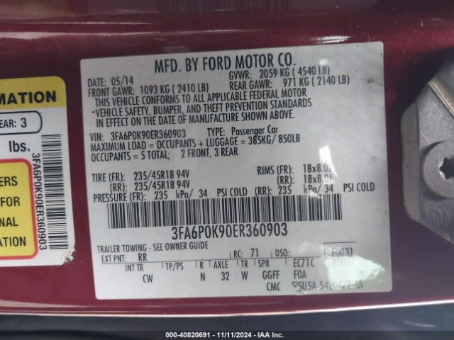 3FA6P0K90ER360903 Ford Fusion Titanium