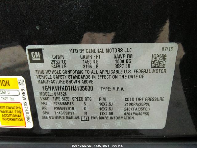1GNKVHKD7HJ135630 Chevrolet Traverse 2lt