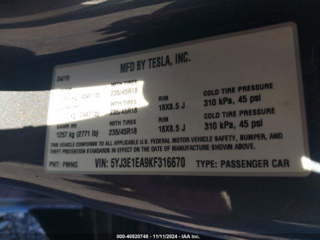 5YJ3E1EA9KF316670 Tesla Model 3 Long Range/mid Range/standard Range/standard Range Plus