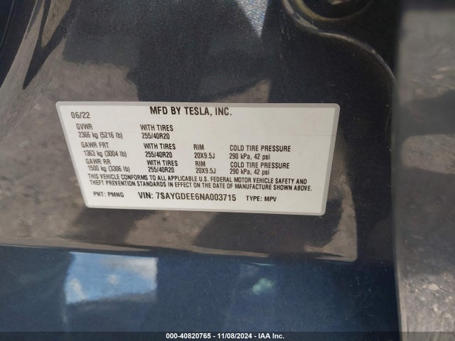 2022 TESLA MODEL Y 7SAYGDEE6NA003715 Photo 8